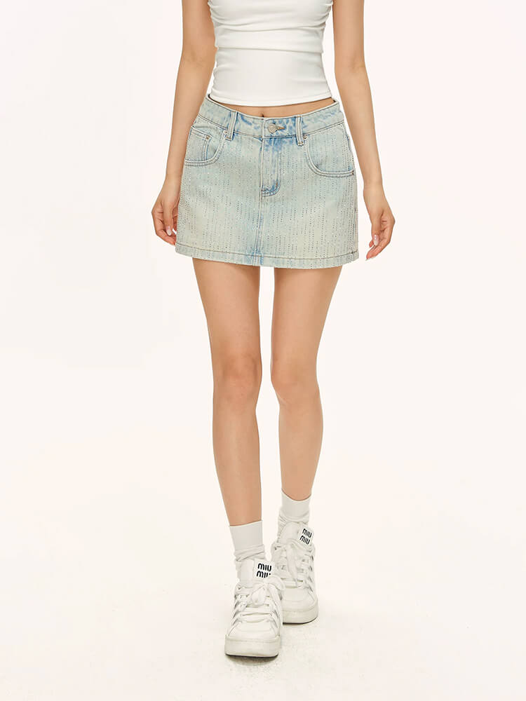 Washed Rhinestone Denim Mini Skirt - Image 5