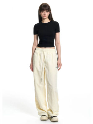 Cream Logo Drawstring Wide‑Leg Pants