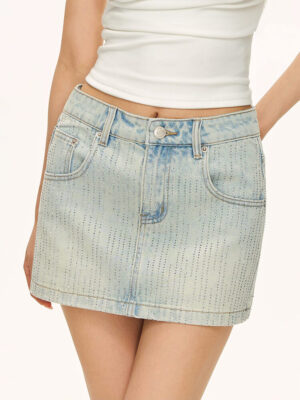 Washed Rhinestone Denim Mini Skirt