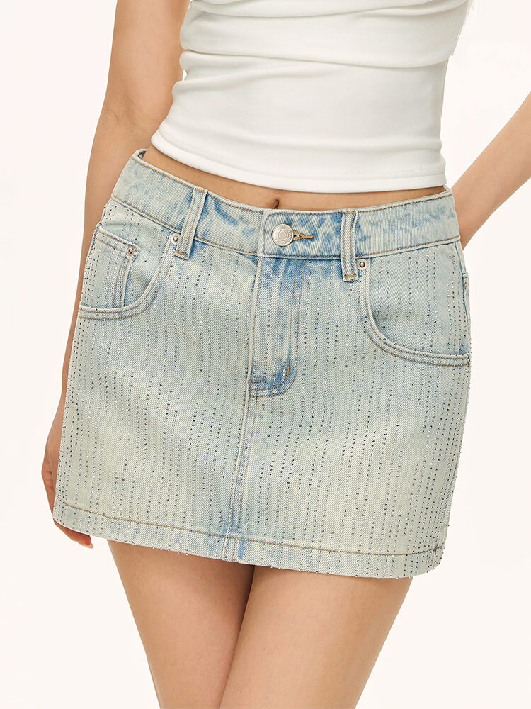 Washed Rhinestone Denim Mini Skirt