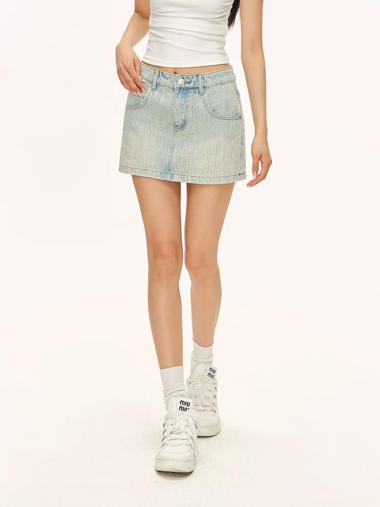 Washed Rhinestone Denim Mini Skirt - Image 2